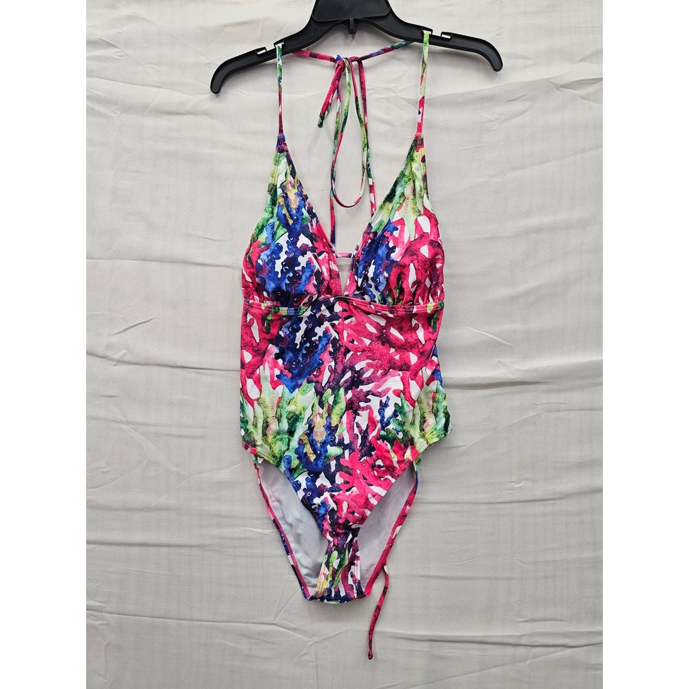 Pink Abstract Coral Print Halter One Piece Swimsuit Size 0XL Plunge Neck